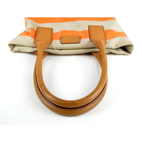 Kate Spade New York Orange & Khaki Striped Canvas Tote Bag With Leather Handles - Picture 7 of 15